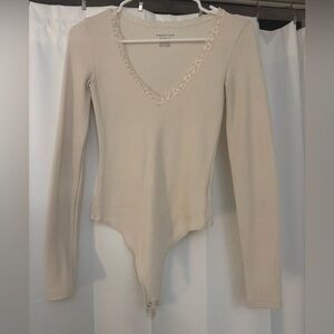 American Eagle Outfitters Cream Ribbed Lace-Trim Long Sleeve Bodysuit